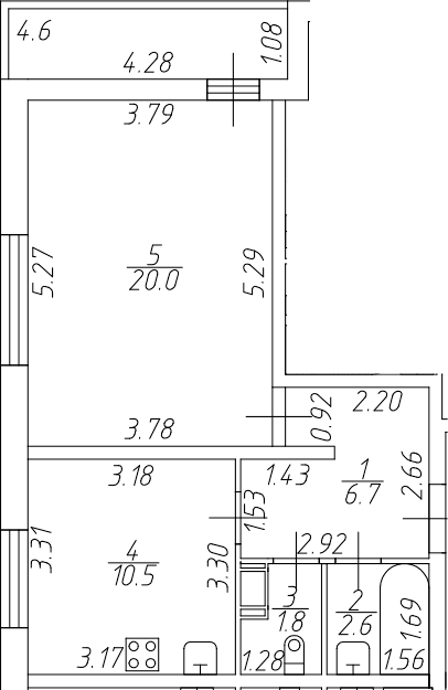 Планировка: 1-комнатная квартира 41,6 м² в ЖК «Тандем»