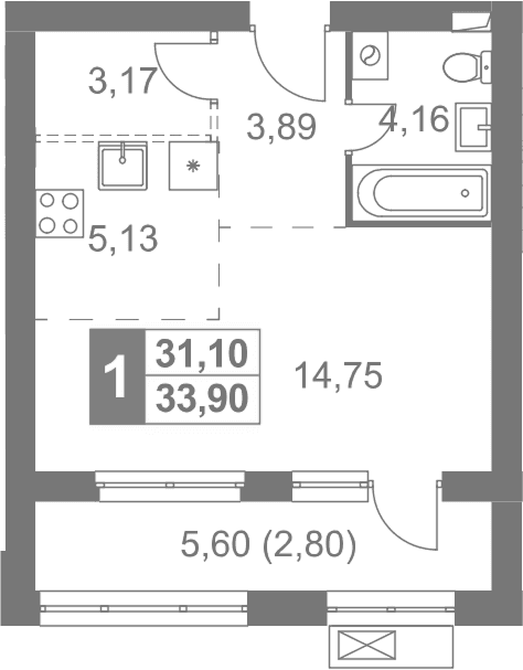 Планировка: Студия 31,1 м² в ЖК «Жаворонки Клаб»