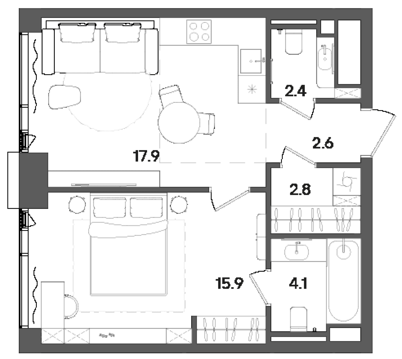 Планировка: Евродвушка 47,1 м² в ЖК «СТОУН Грэйн»