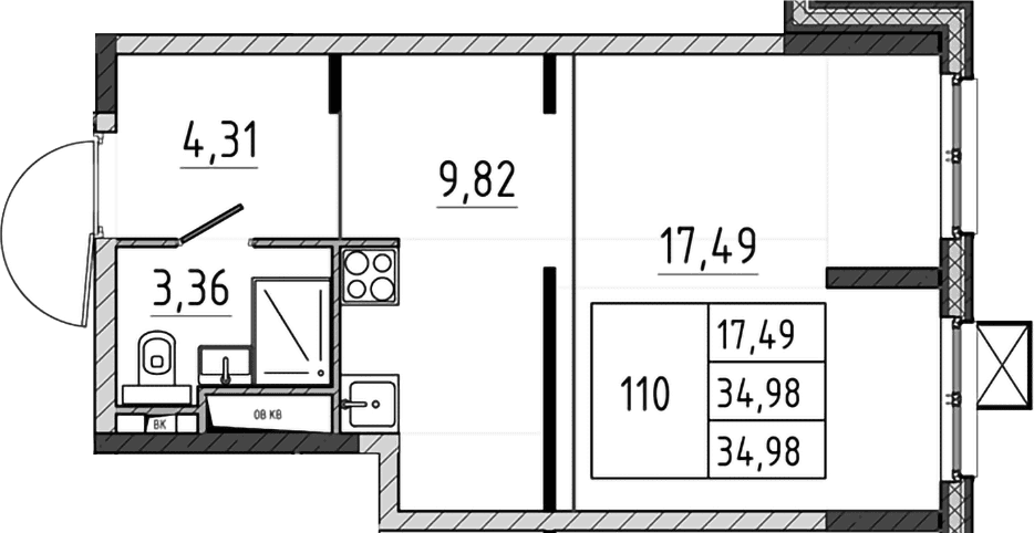 Планировка: Студия 35 м² в ЖК «Поварово-Молодежный-2»