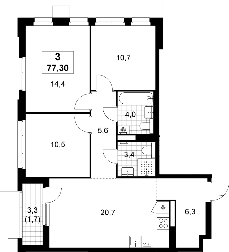 Планировка: Квартира евро-4 75,6 м² в ЖК «Деснаречье»