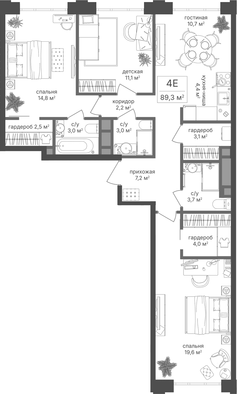 Планировка: Квартира евро-4 89,3 м² в ЖК «Михалковский»