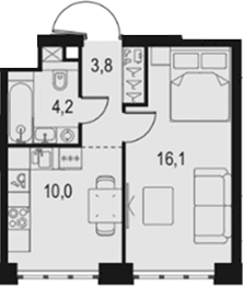 Планировка: 1-комнатная квартира 34,1 м² в ЖК «Левел Южнопортовая»