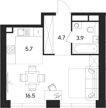 Планировка: Студия 30,8 м² в ЖК «Инди Тауэрз от Аквилон»