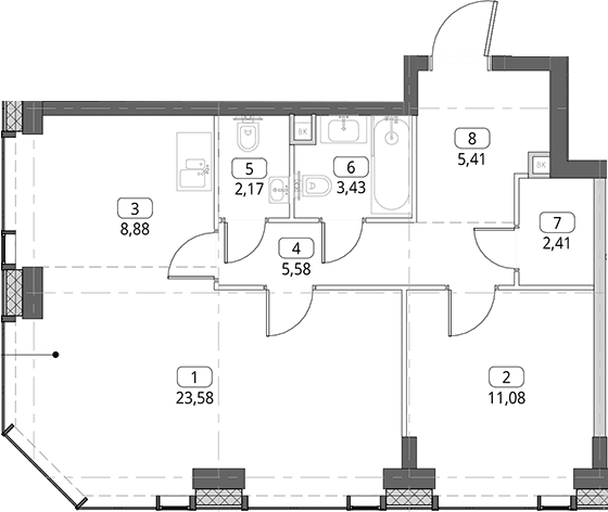 Планировка: Евродвушка 62,5 м² в ЖК «СИТИДЗЕН»