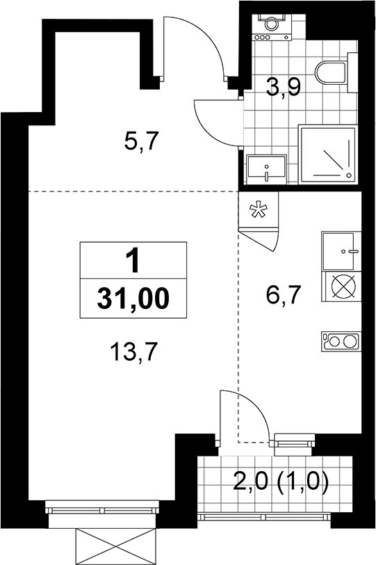 Планировка: Студия 30 м² в ЖК «Прокшино»