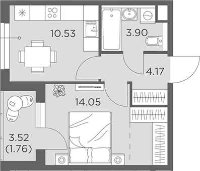 Планировка: 1-комнатная квартира 32,7 м² в ЖК «Одинград, квартал Семейный»