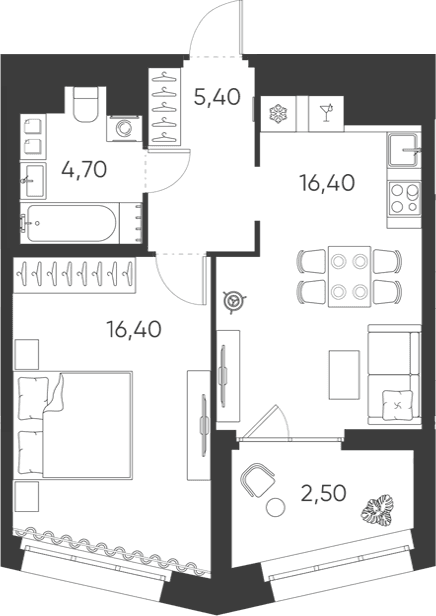 Планировка: Евродвушка 42,9 м² в ЖК «Моисеенко, 10»