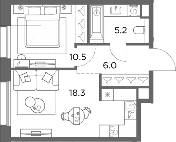 Планировка: 1-комнатная квартира 40 м² в ЖК «Станиславский»