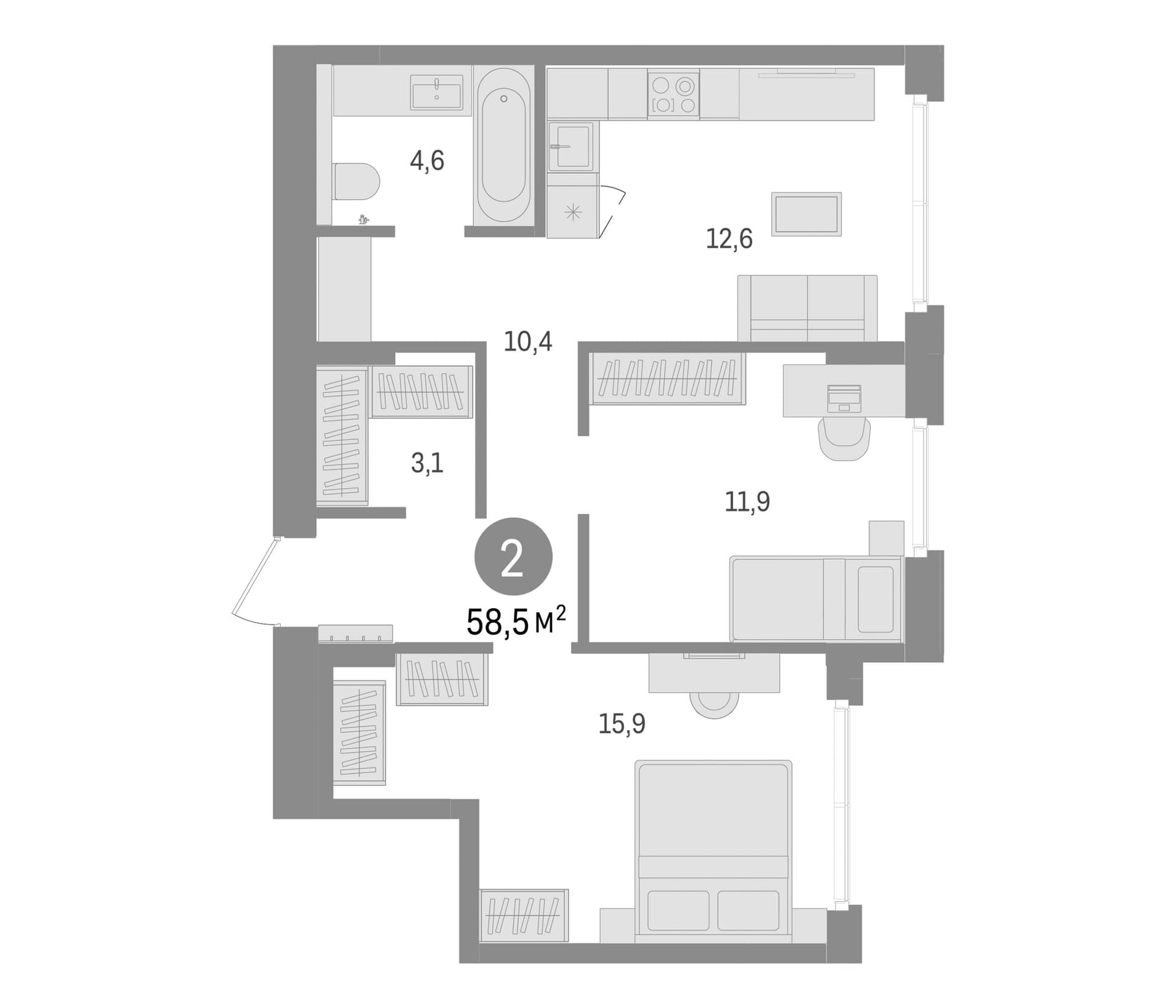Планировка: Евротрёшка 58,5 м² в ЖК «Брусника в Новоселье»