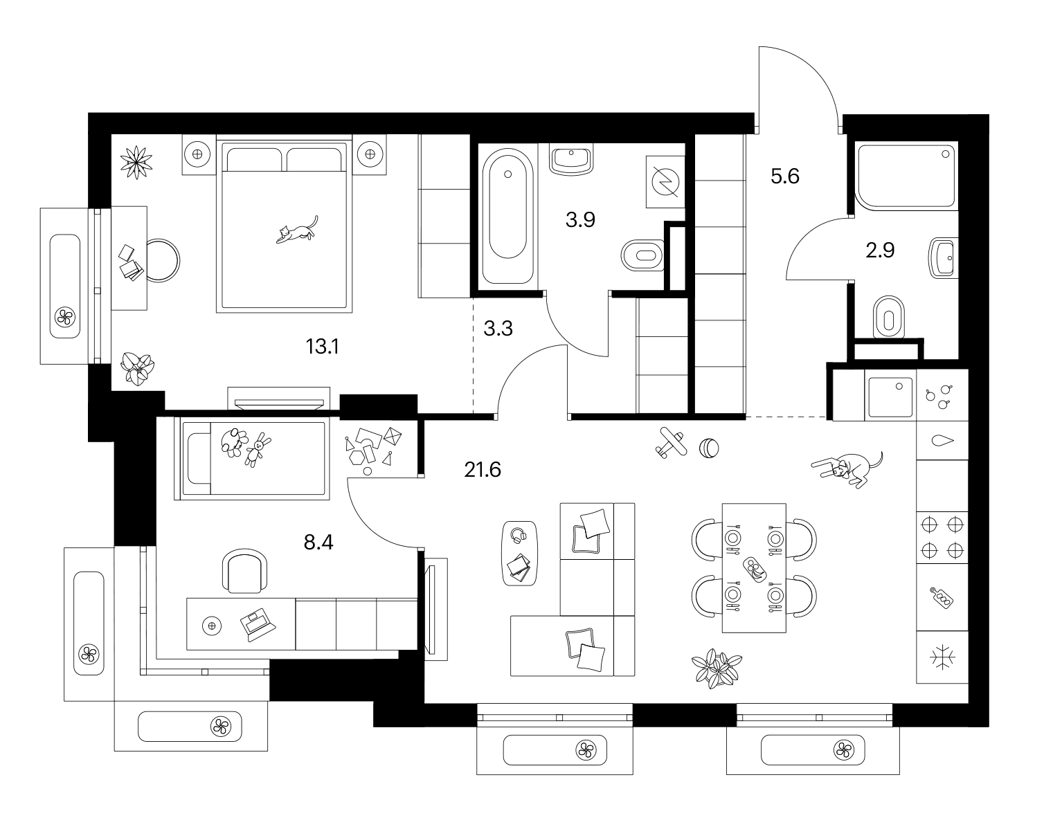 Планировка: 2-комнатная квартира 58,8 м² в ЖК «Ярославский»