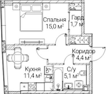 Планировка: 1-комнатная квартира 37,6 м² в ЖК «СЕЗАР БУДУЩЕЕ»