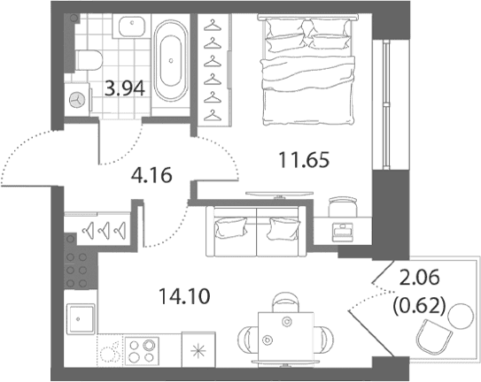 Планировка: 1-комнатная квартира 33,9 м² в ЖК «Нева Арт»