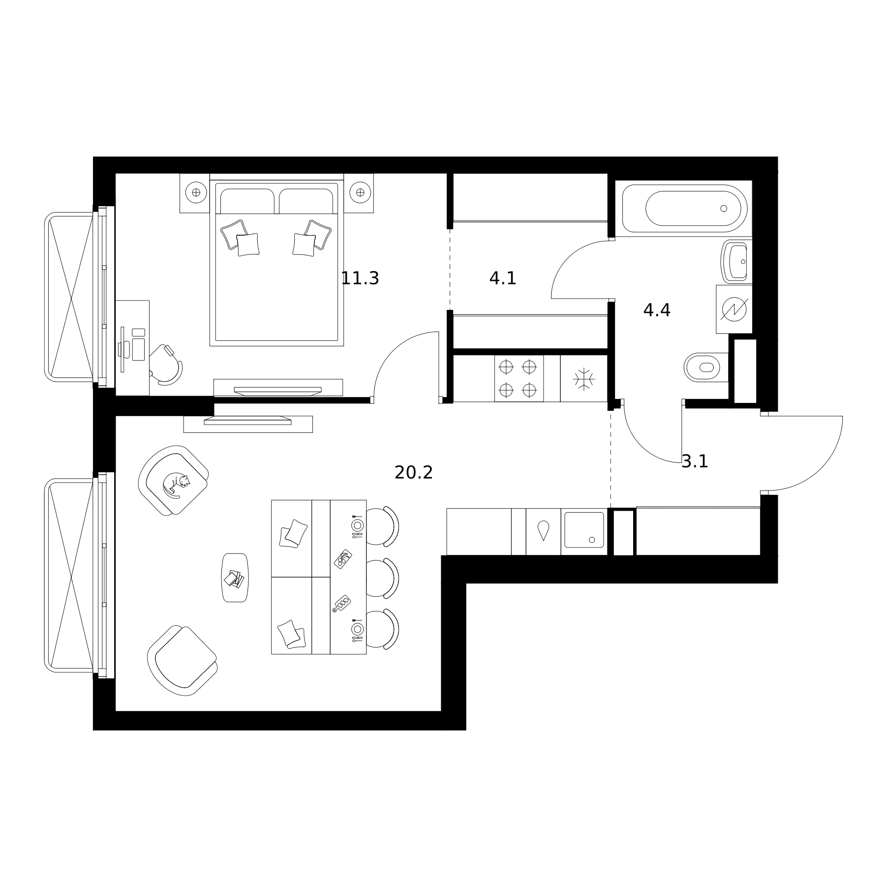 Планировка: 1-комнатная квартира 43,1 м² в ЖК «2-й Иртышский»