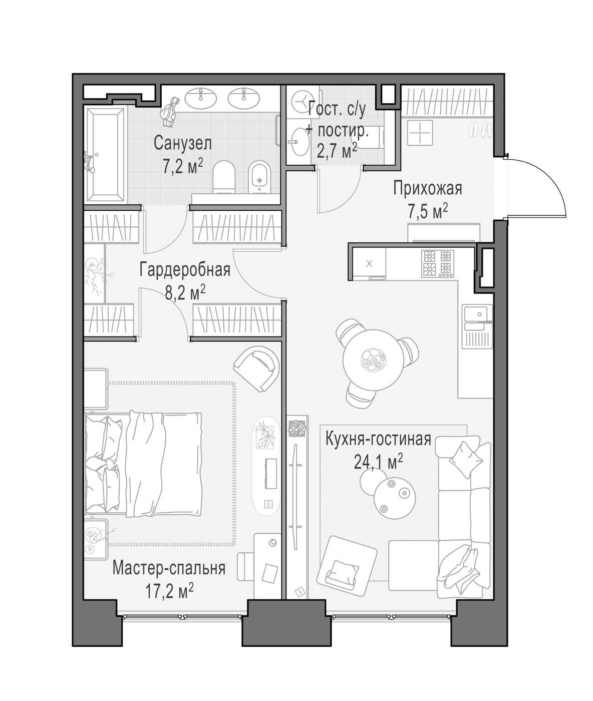 Планировка: Евродвушка 67,5 м² в ЖК «Квартал Life Time»