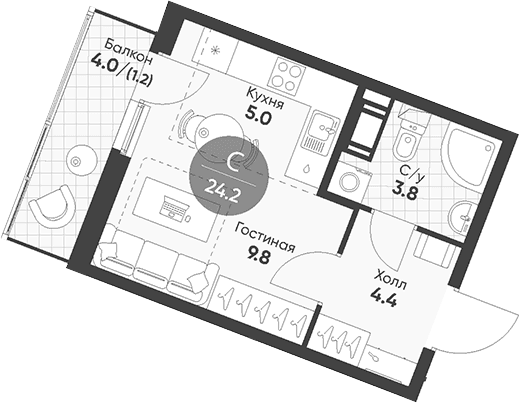 Планировка: Студия 23 м² в ЖК «Клюква.Парк»
