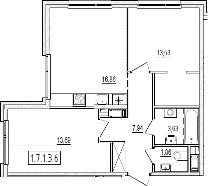 Планировка: Евротрёшка 57,5 м² в ЖК «Новый Ямбург»