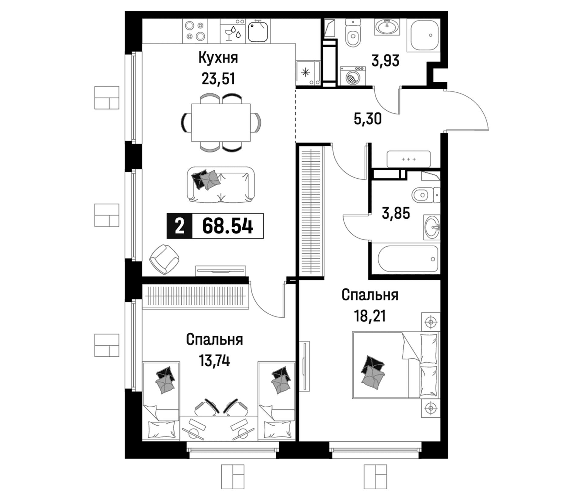 Планировка: Евротрёшка 68,5 м² в ЖК «Максималист»
