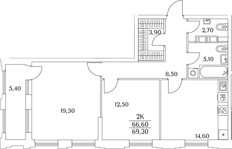 Планировка: 2-комнатная квартира 66,7 м² в ЖК «Тайм Сквер»