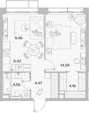 Планировка: Евродвушка 43,7 м² в ЖК «МЫС»