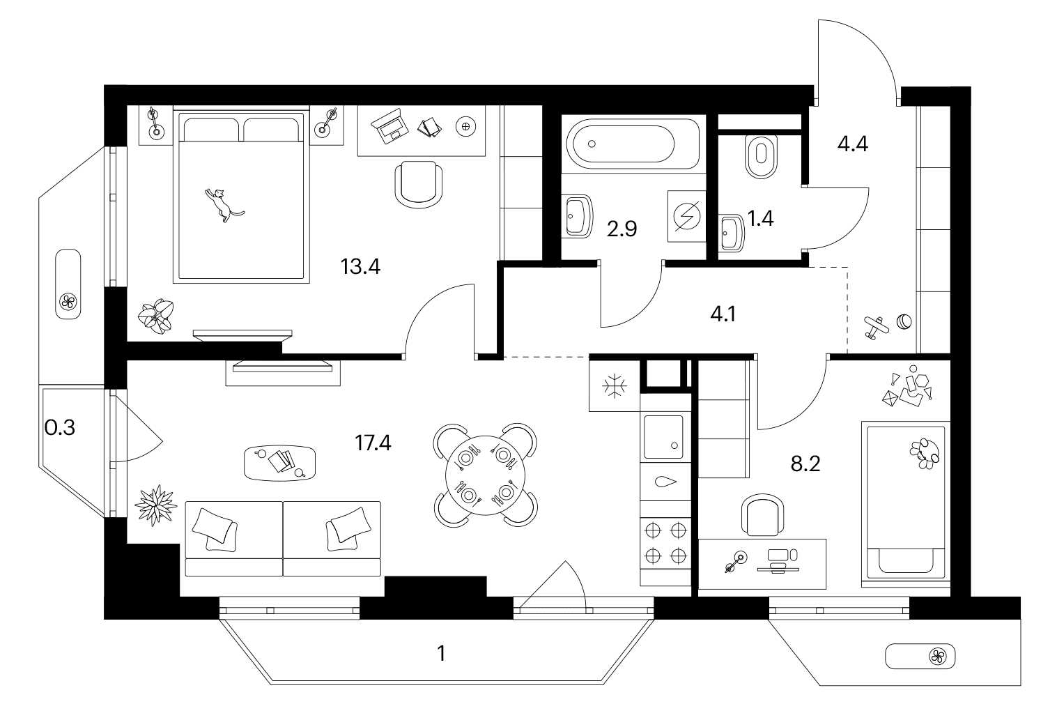 Планировка: 2-комнатная квартира 51,8 м² в ЖК «Зеленый парк»
