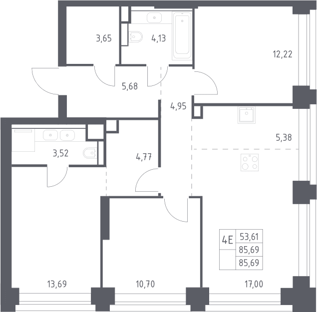 Планировка: Квартира евро-4 85,7 м² в ЖК «НОВА»