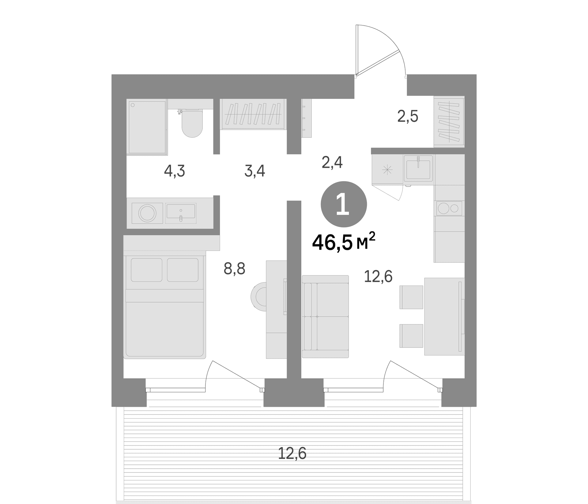 Планировка: 1-комнатная квартира 33,9 м² в ЖК «Северный ветер»
