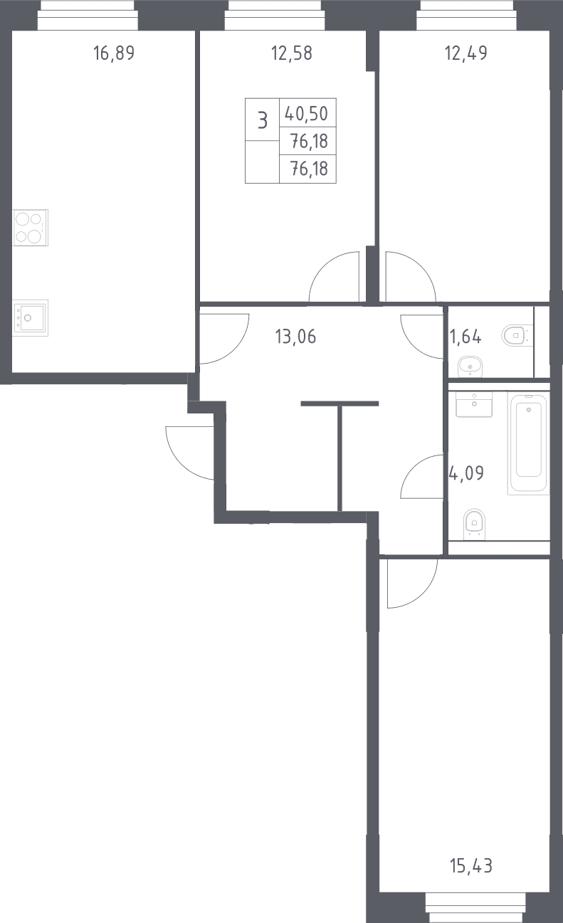 Планировка: 3-комнатная квартира 76,2 м² в ЖК «Квартал Строгино»
