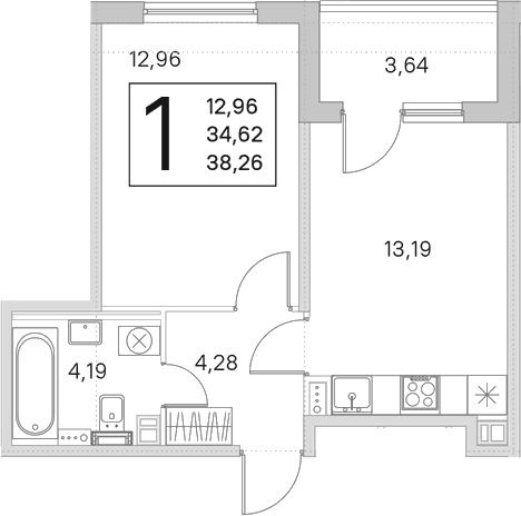 Планировка: 1-комнатная квартира 34,6 м² в ЖК «Любоград в Стрельне»