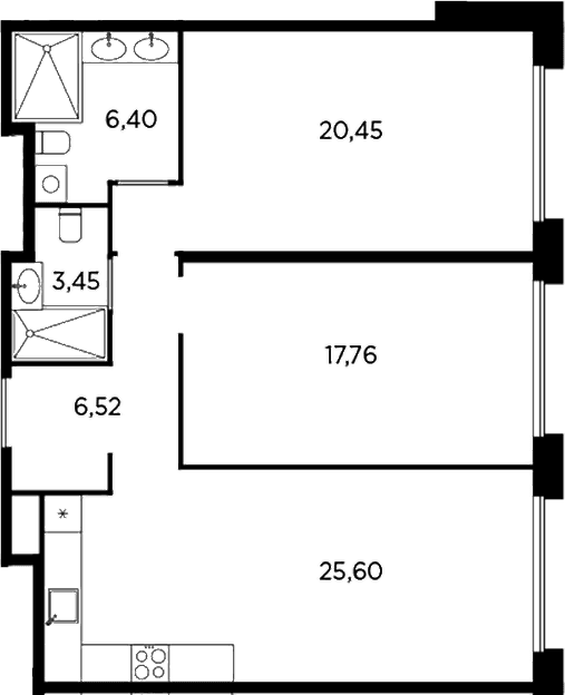 Планировка: Евротрёшка 80,2 м² в ЖК «Акватория»