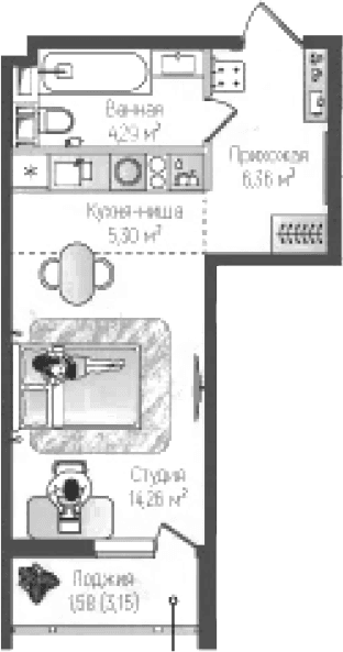 Планировка: Студия 30,2 м² в ЖК «Рига Хиллс»