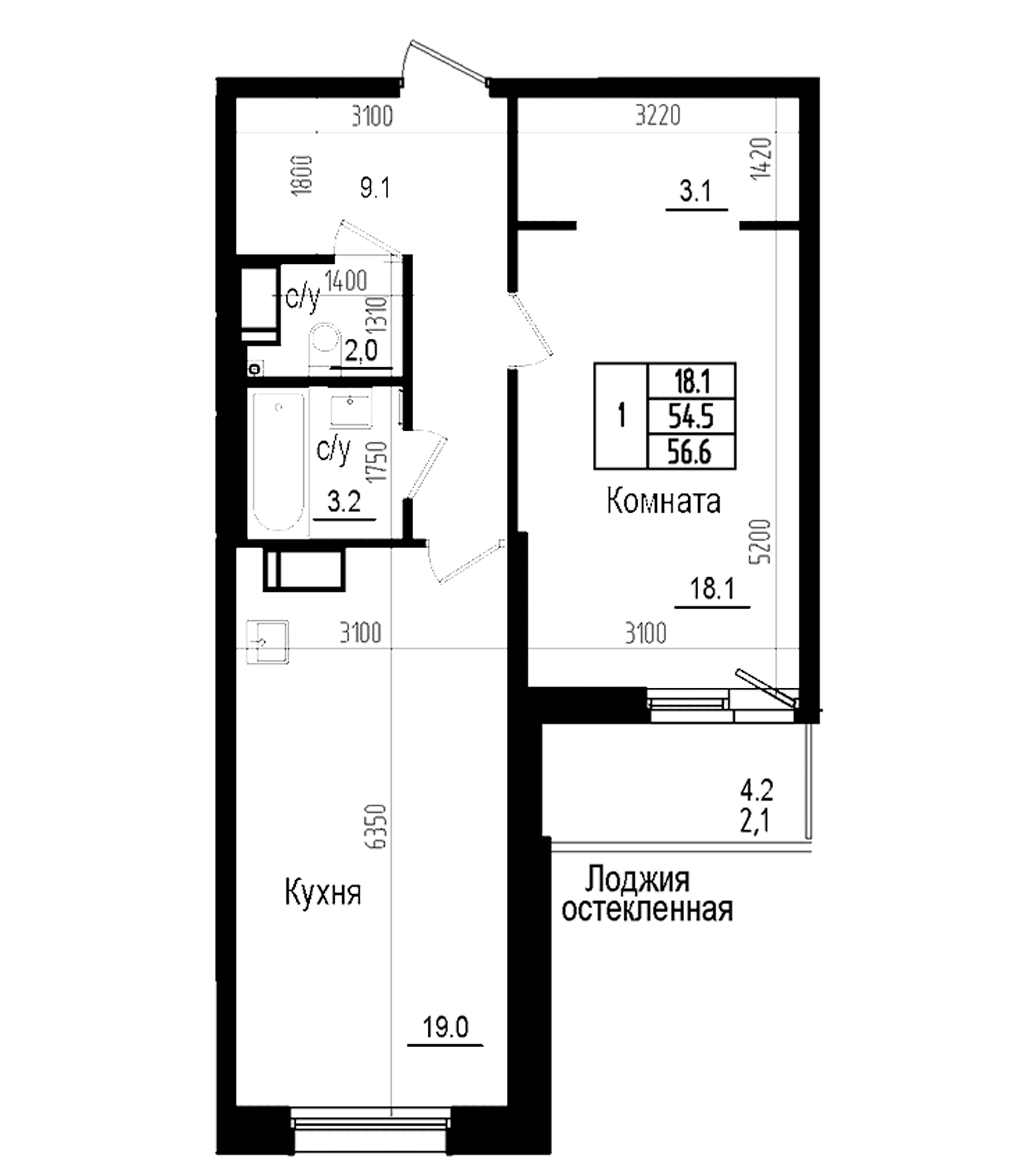 Планировка: Евродвушка 54,5 м² в ЖК «Прагма Сити»