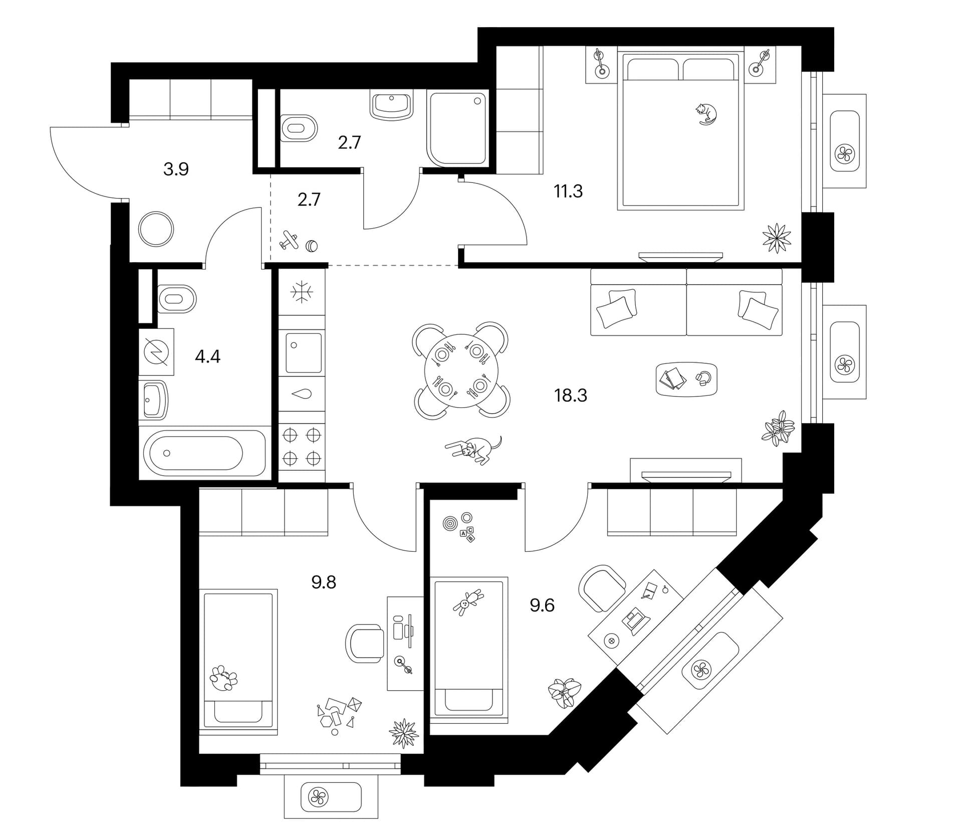 Планировка: 3-комнатная квартира 62,7 м² в ЖК «Белая Дача парк»