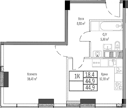 Планировка: 1-комнатная квартира 44,9 м² в ЖК «Мираполис»
