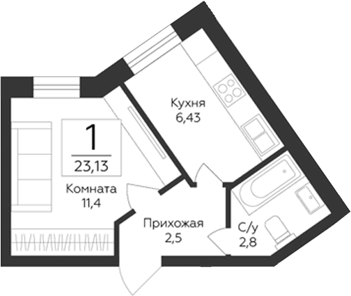 Планировка: 1-комнатная квартира 23,1 м² в ЖК «Гардарика Клаб»