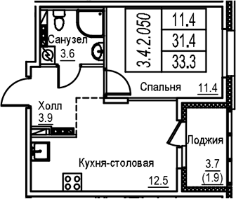 Планировка: 1-комнатная квартира 31,4 м² в ЖК «Экография»