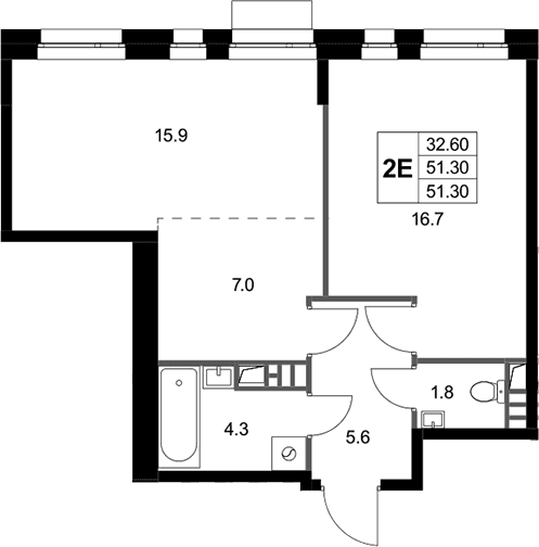 Планировка: Евродвушка 51,3 м² в ЖК «Кореневский Форт 2.3»