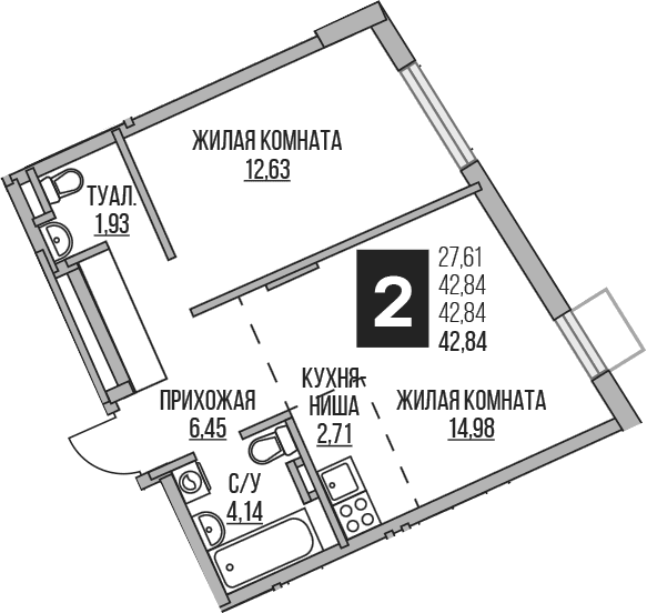 Планировка: Евродвушка 42,8 м² в ЖК «Гранель Аникеевский»