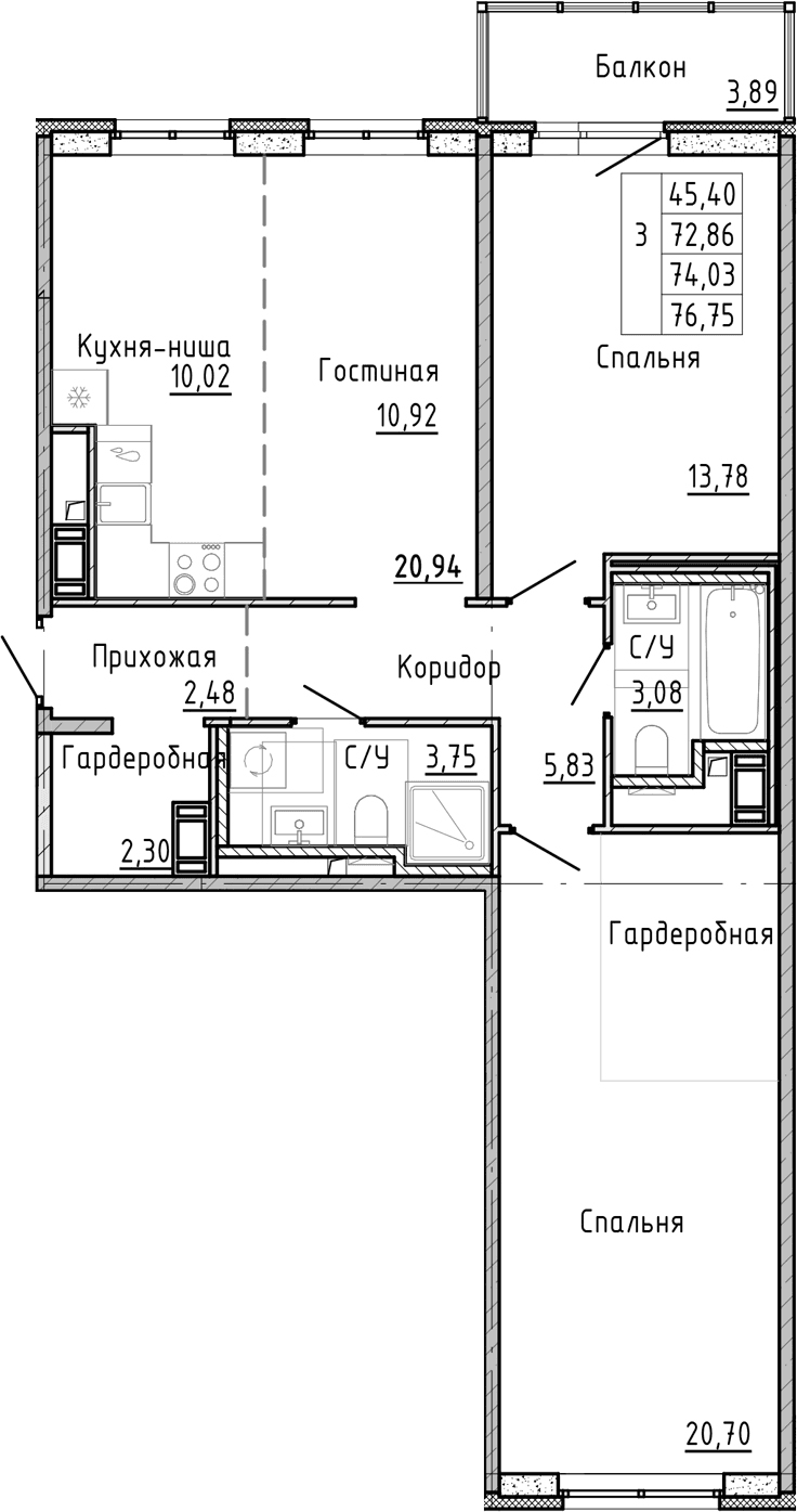 Планировка: Евротрёшка 70,1 м² в ЖК «ОКЛА»