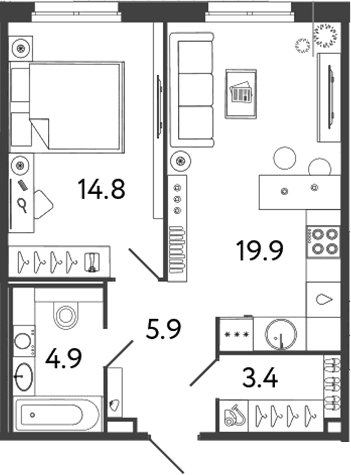 Планировка: Евродвушка 48,9 м² в ЖК «Репин»