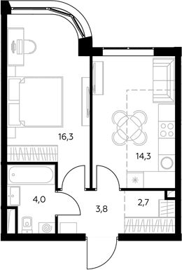 Планировка: 1-комнатная квартира 41,5 м² в ЖК «Адмирал»