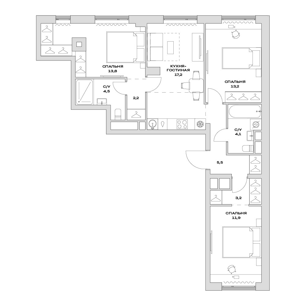 Планировка: Квартира евро-4 75,6 м² в ЖК «Детали»