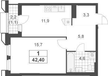 Планировка: 1-комнатная квартира 41,3 м² в ЖК «Южные сады»