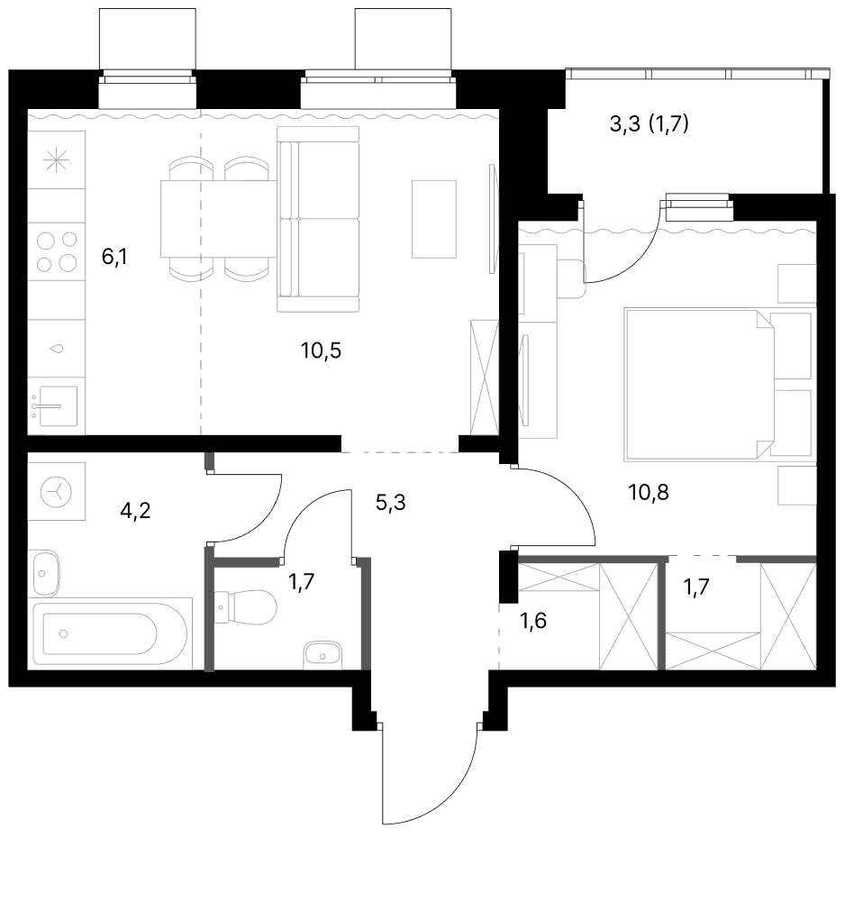Планировка: Евродвушка 41,9 м² в ЖК «1-й Ясеневский»