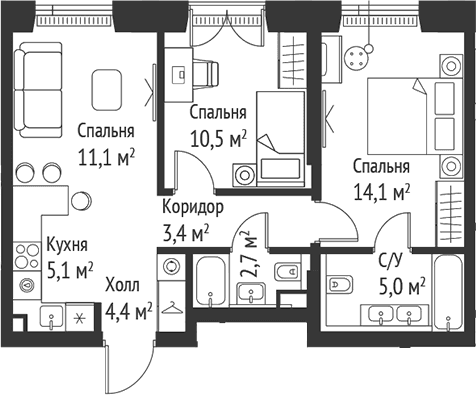 Планировка: Евротрёшка 56,1 м² в ЖК «СЕТ»