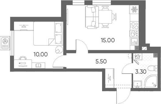 Планировка: Евродвушка 33,8 м² в ЖК «Ручьи 2»