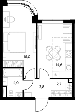 Планировка: 1-комнатная квартира 41,5 м² в ЖК «Адмирал»