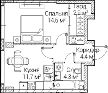 Планировка: 1-комнатная квартира 38,1 м² в ЖК «СЕЗАР БУДУЩЕЕ»