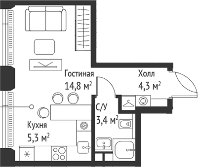 Планировка: Студия 27,8 м² в ЖК «СЕТ»