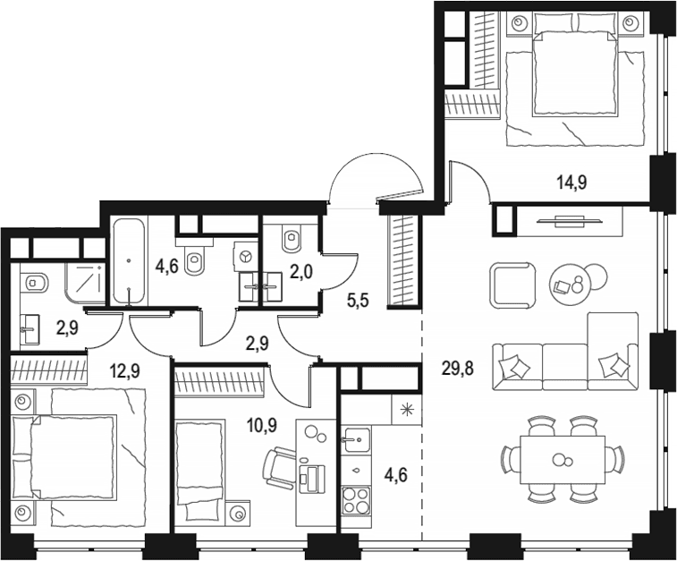 Планировка: Квартира евро-4 91 м² в ЖК «Левел Звенигородская»